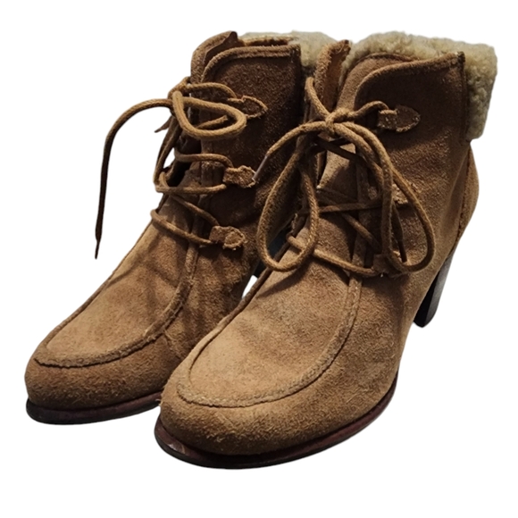 UGG Chestnut Lace Up Analise Heeled Suede Chunky Heel  Ankle Boot - Picture 2 of 9